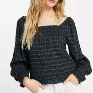 Madewell Lucie Bubble-Sleeve Smocked Top In Forest Plaid Size Large